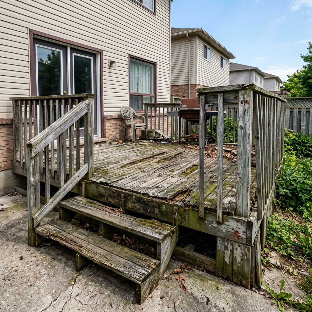 Rotten, weathered wood deck before replacement