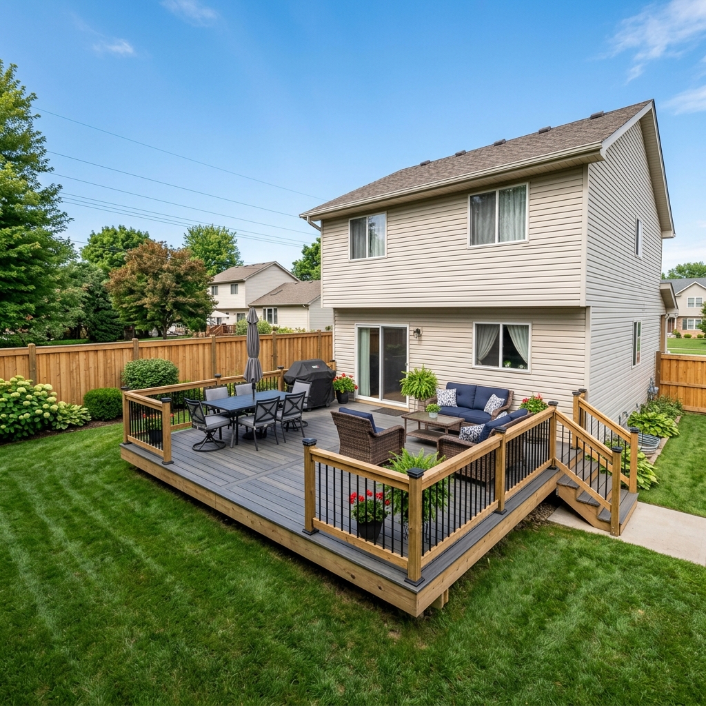 Large wood deck attached to suburban house with privacy fence and outdoor furniture