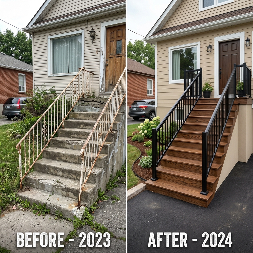 Repaired exterior staircase with new wood treads and black iron railing