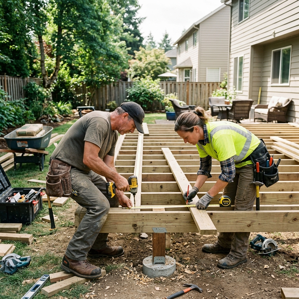 Two professional deck contractors building a wood deck frame on a residential property