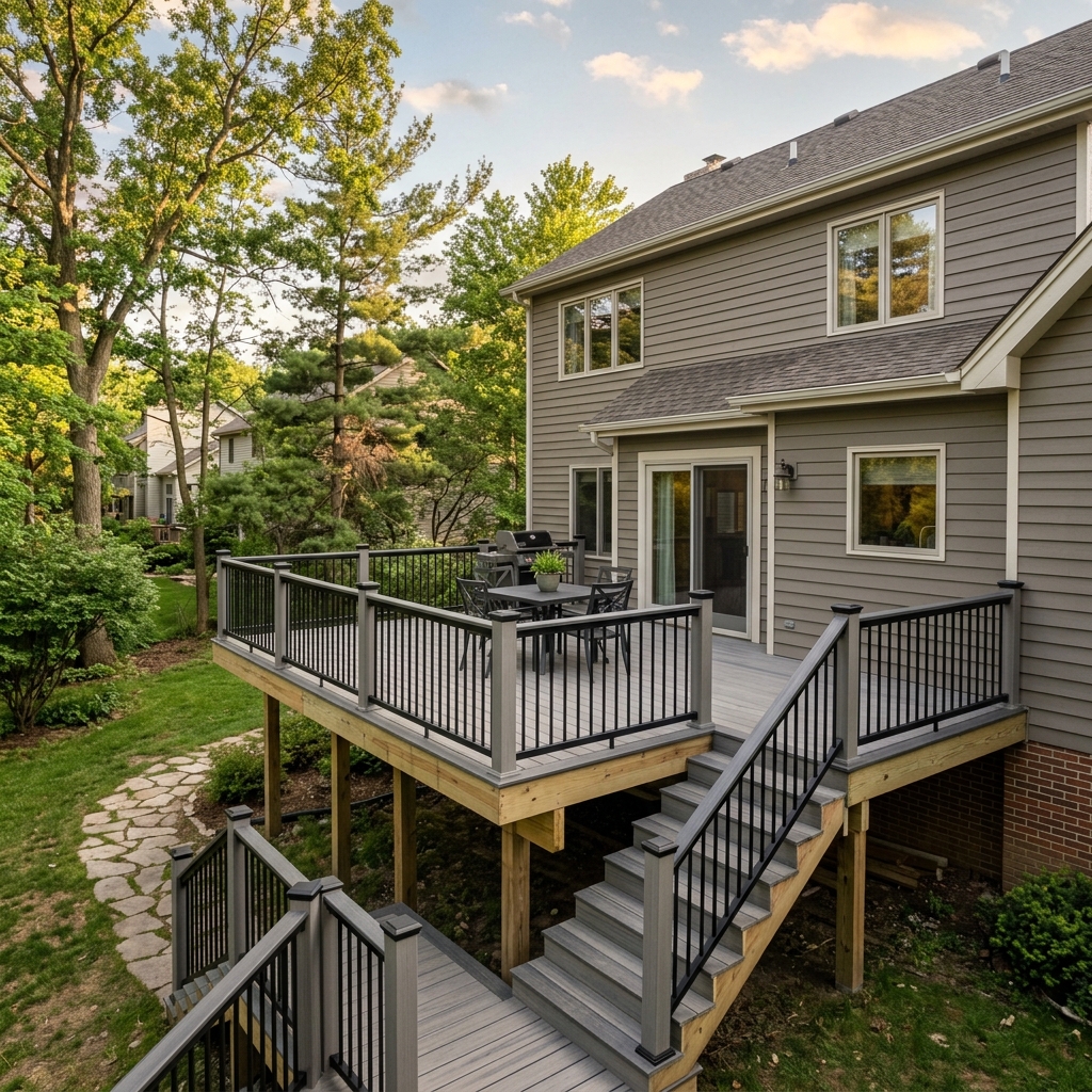 Newly built composite deck on a suburban home with black metal railings and natural backyard setting