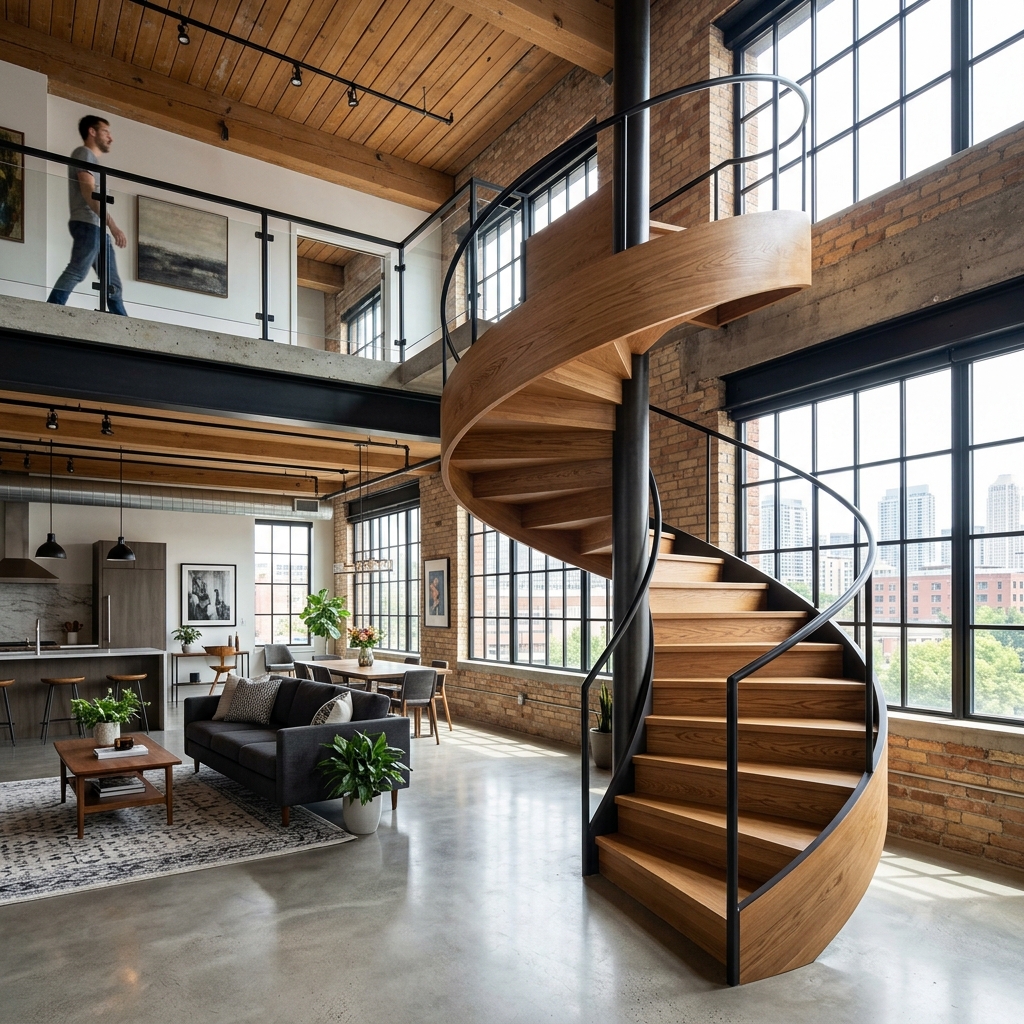 Architectural spiral oak wood staircase built inside a modern open loft