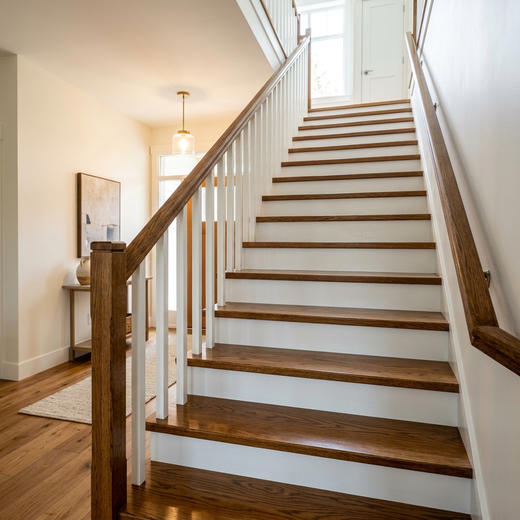 Polished oak stairs after rebuild