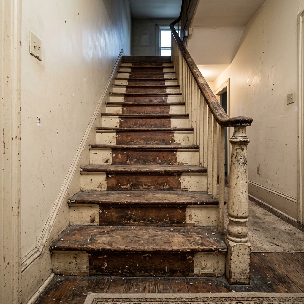 Squeaky, scuffed wood stairs before rebuild